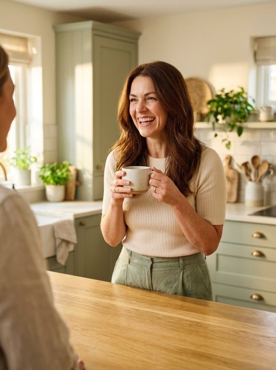 Woman laughing over a mug of tea in her kitchen, mid-conversation
