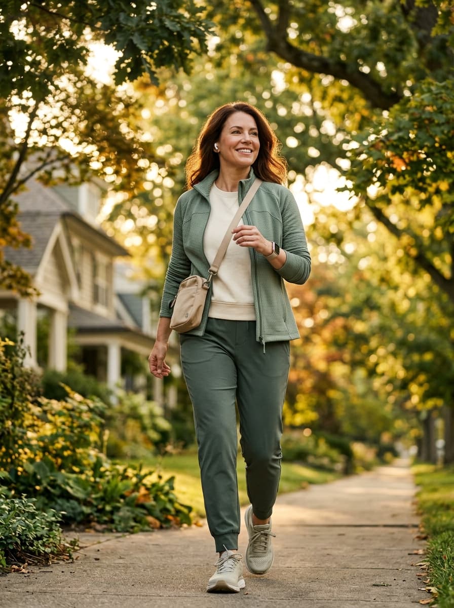 Woman on an energized morning walk in warm sunrise light