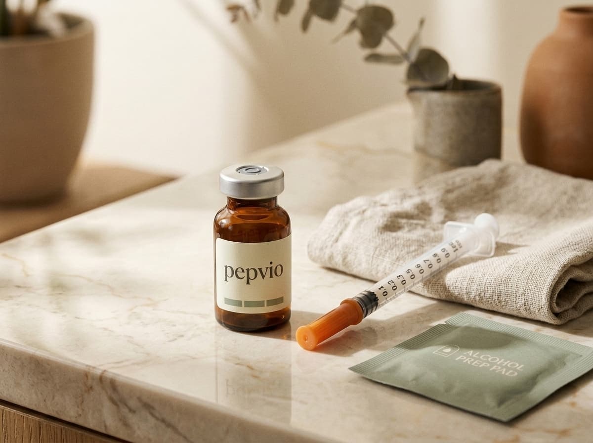 Pepvio weekly injection kit: labeled vial, syringe, and alcohol prep pad