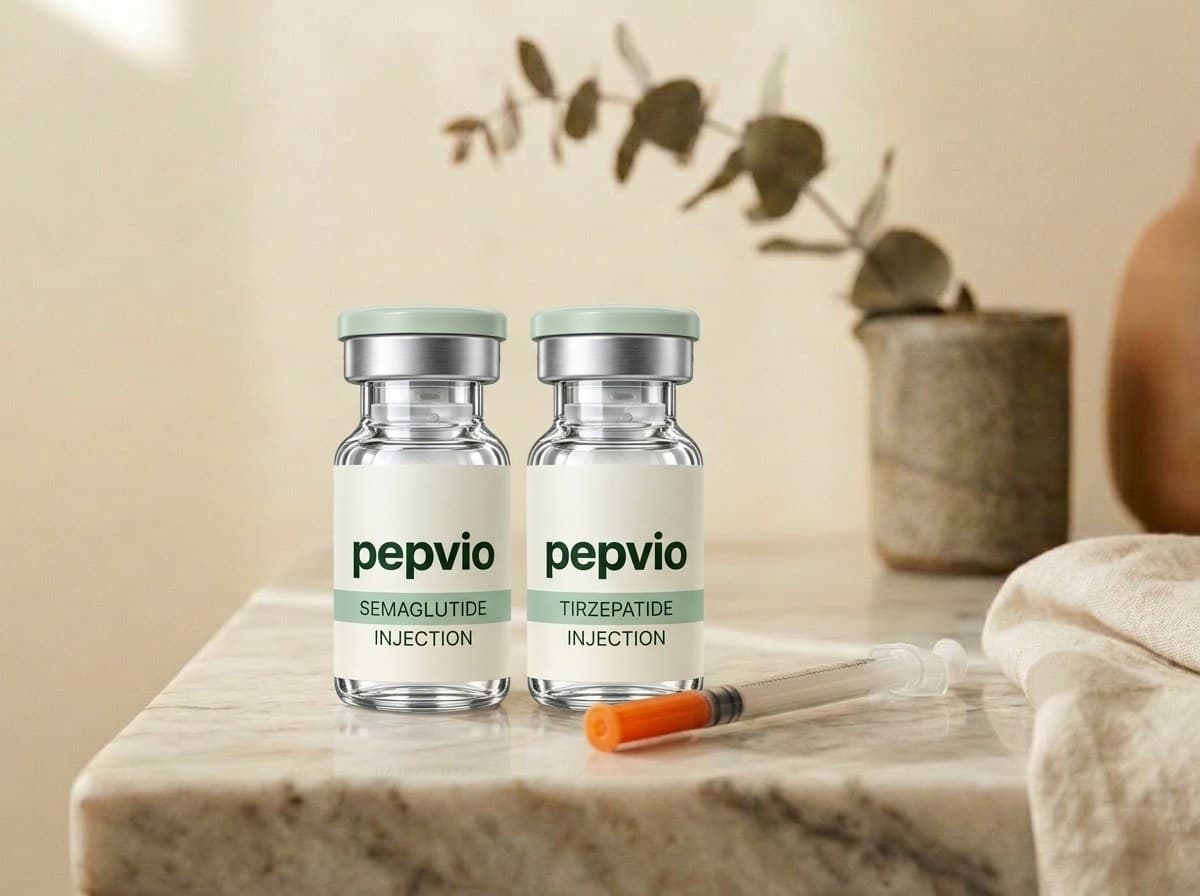 Pepvio weekly injection kit: labeled vial, syringe, and alcohol prep pad