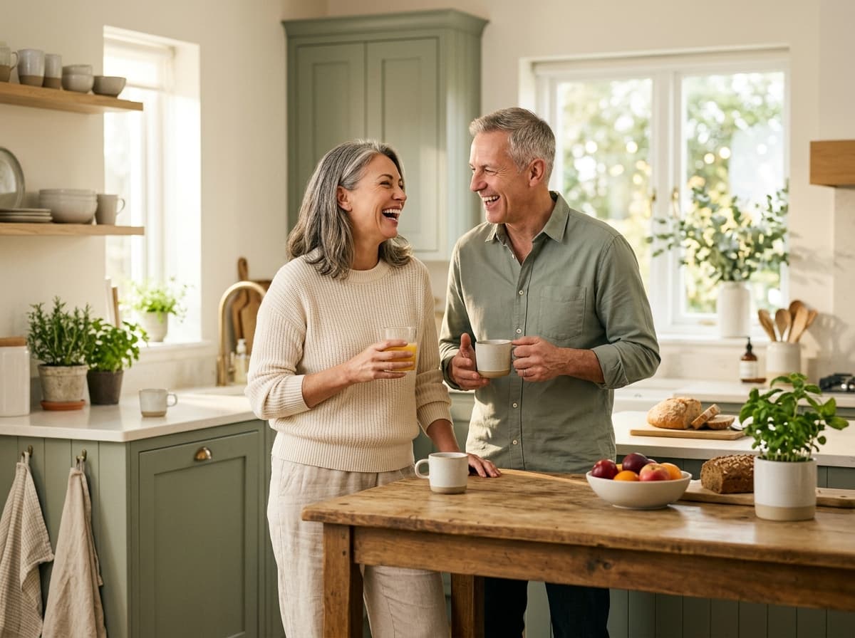 Energized couple in their fifties laughing together in a bright, plant-filled morning kitchen — restored energy and NAD+ vitality