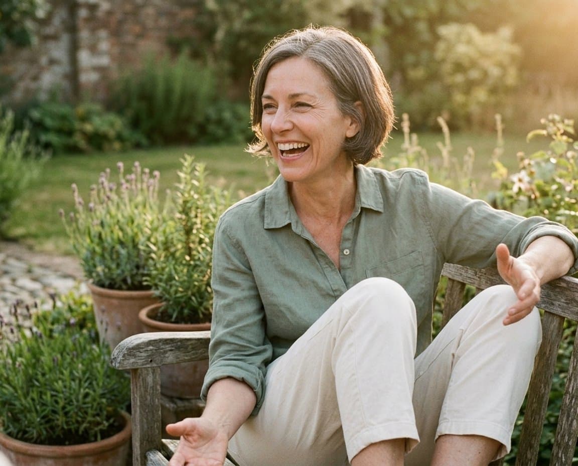 Woman around fifty laughing on a garden bench in golden evening light — at ease and feeling like herself