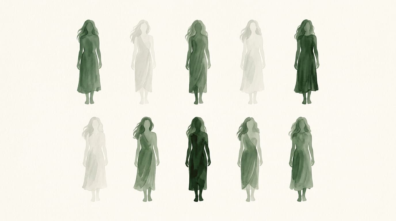 Ten watercolor figures in two rows — seven painted in sage, three in pale grey — illustrating that most women experience perimenopause symptoms