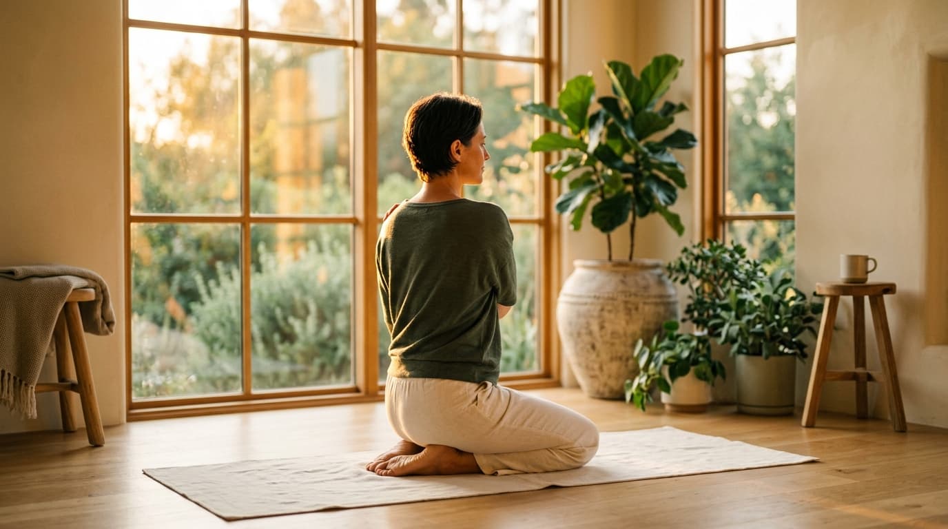 Morning mobility routine in amber sunrise light — cellular energy and NAD+ vitality