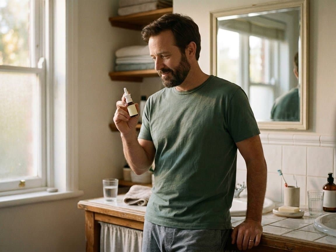 Man in his early forties using a nasal spray at his bathroom counter in morning light