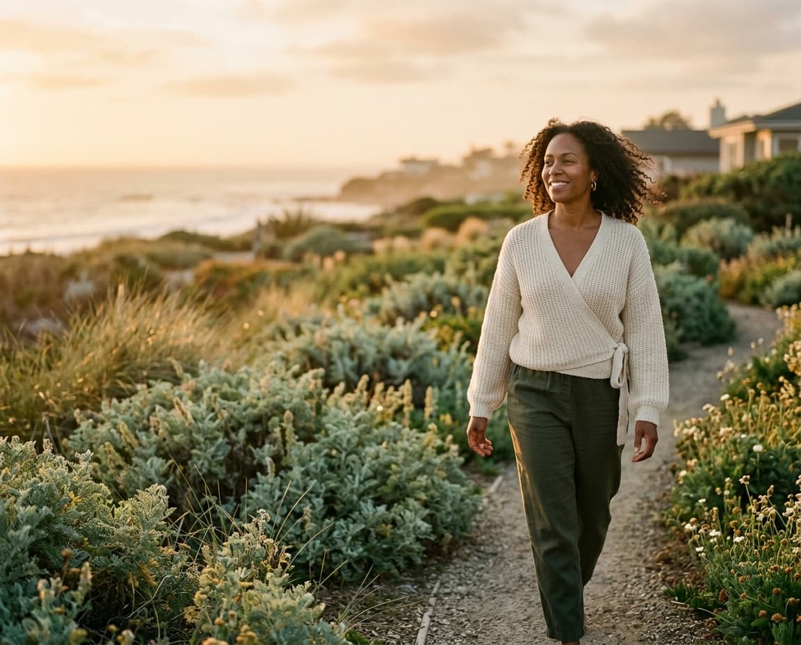 Confident woman walking at golden hour on a coastal path — restored confidence