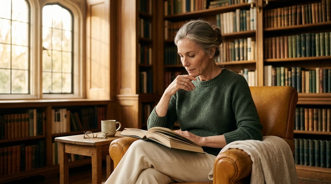 Contemplative reader in a warm library study — the informed longevity optimizer
