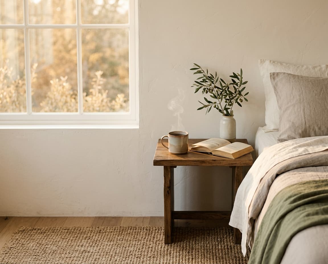 Serene morning scene — sage linen, steaming mug, golden light