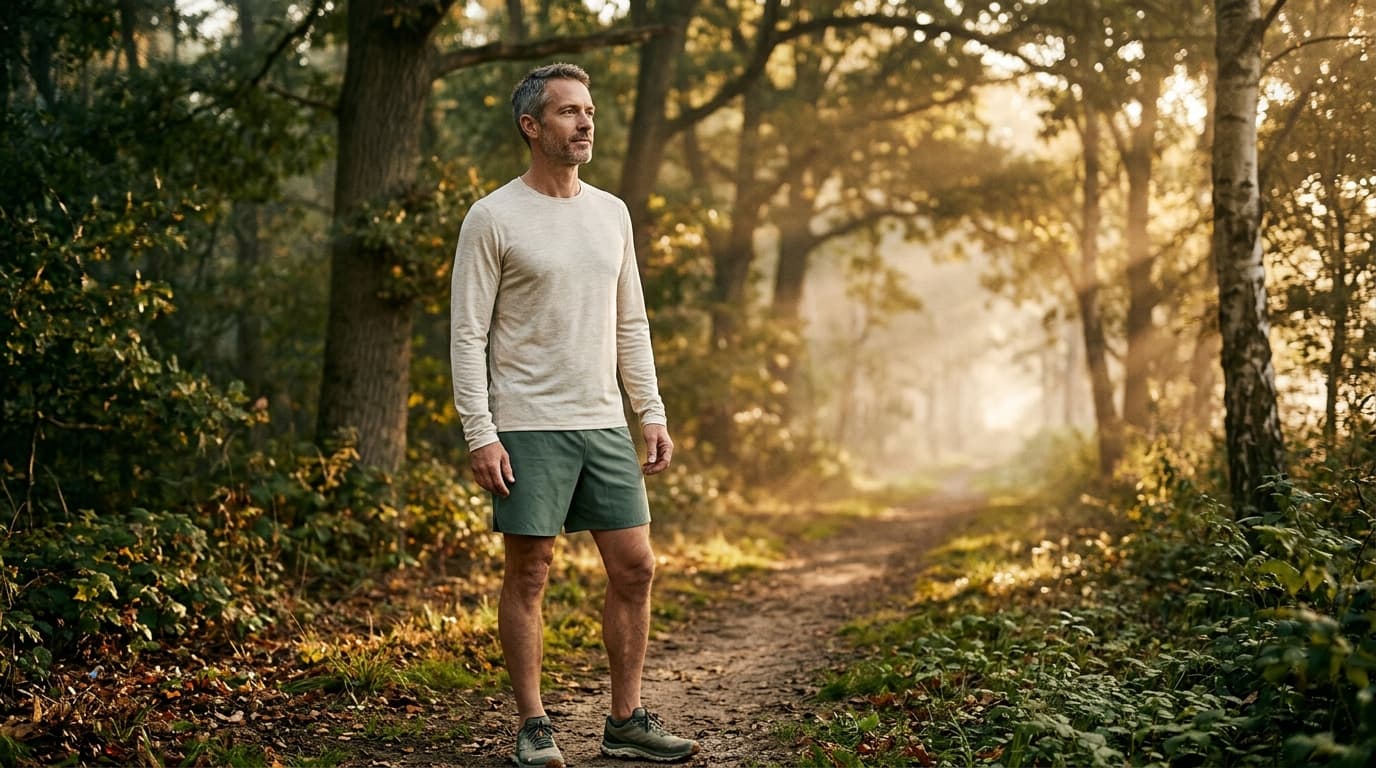Active man in his 40s at golden hour on a wooded trail — the GH-axis optimization audience