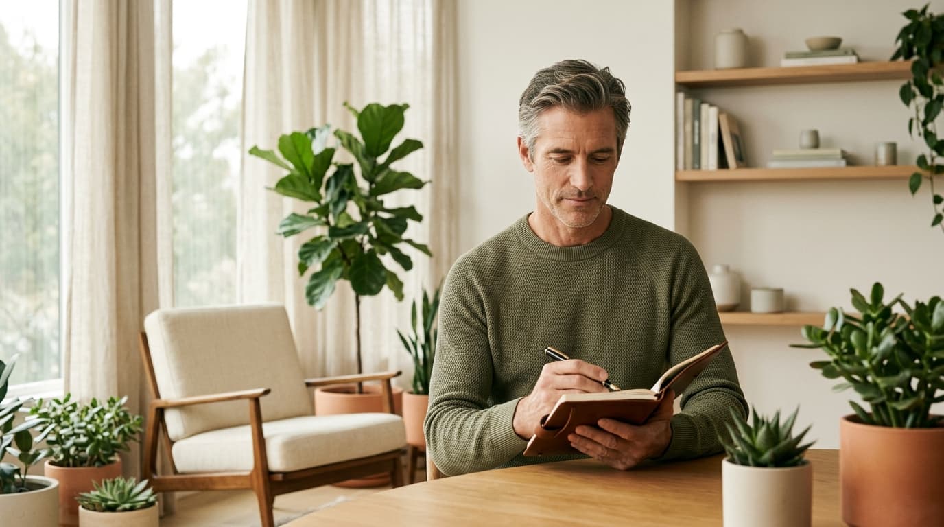 Confident man in his 50s reviewing a journal in a bright modern space — performance optimization