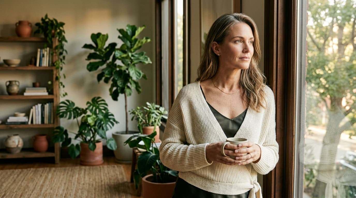 Confident woman in her 40s at a window in warm natural light — women's optimization