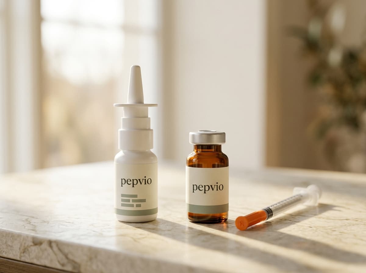 The PT-141 for Women kit: nasal spray bottle alongside an amber injection vial and sterile syringe — both forms shown together.