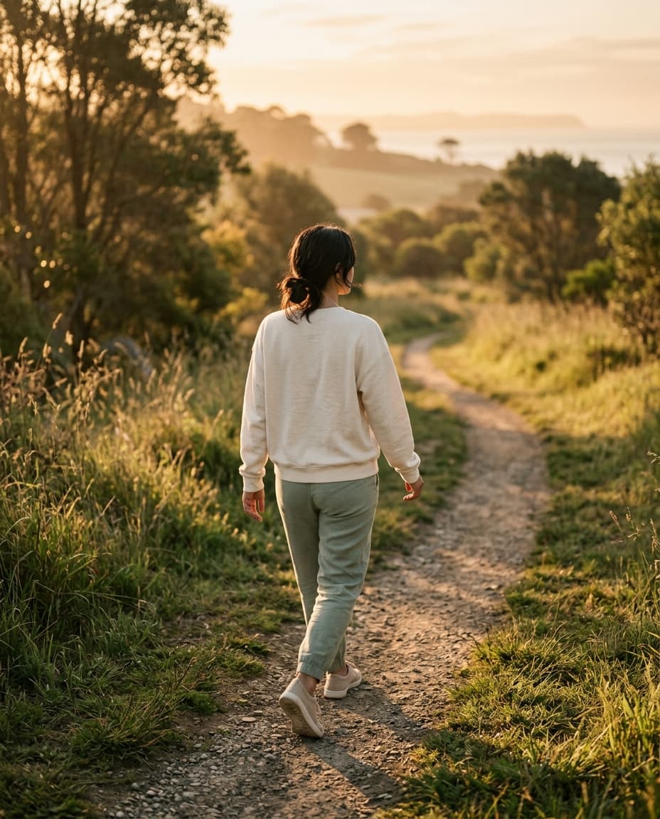 A woman walking a coastal path at golden hour — the kind of vitality compounded protocols are aiming for
