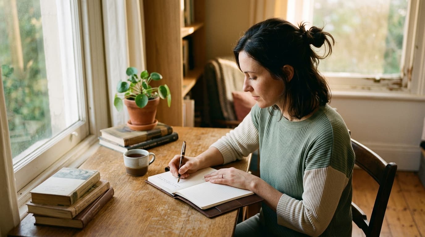 38-year-old woman in deep focus at a sunlit writing desk — cognitive flow and mental clarity