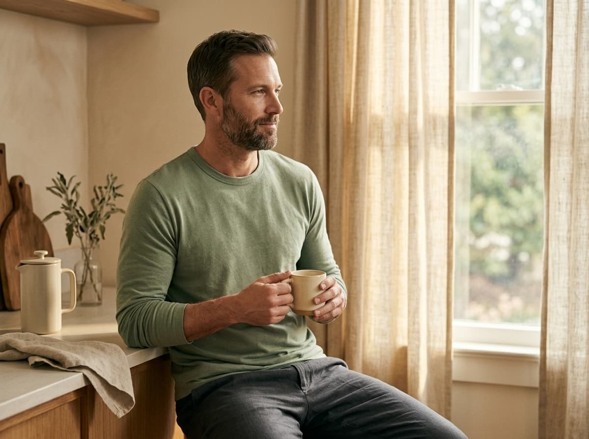 Confident man in his early 40s in a calm sunlit morning moment at home