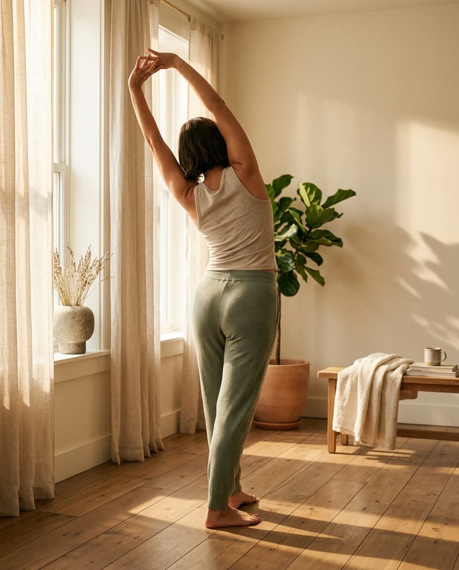 Back view of a person in a slow morning stretch by a tall sunlit window